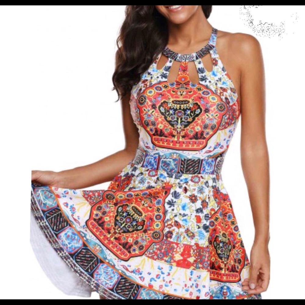 H Back Printed Cutout Swimdress and shorts